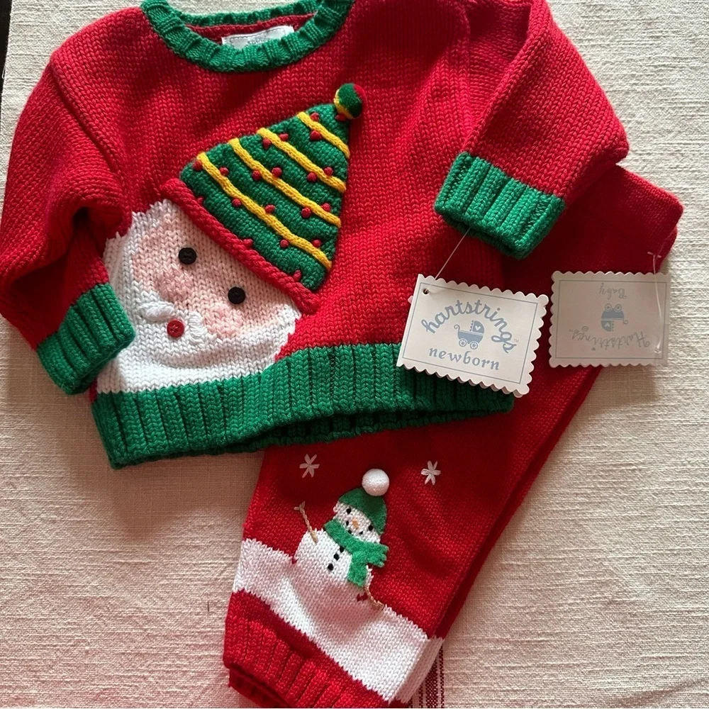 Vintage Hartstrings NEW Christmas SANTA Knit Sweater Outfit Newborn 6-9 Months